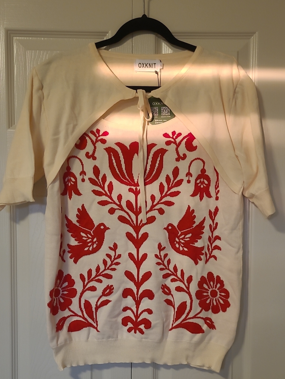 Oxknit Cream Short-Sleeve Knit Top with Red Floral & Bird Motif